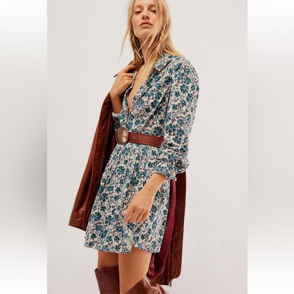 ✨FINAL PRICE✨ NWT Free People Marvelous Mia Corduroy Blue Floral Mini Dress